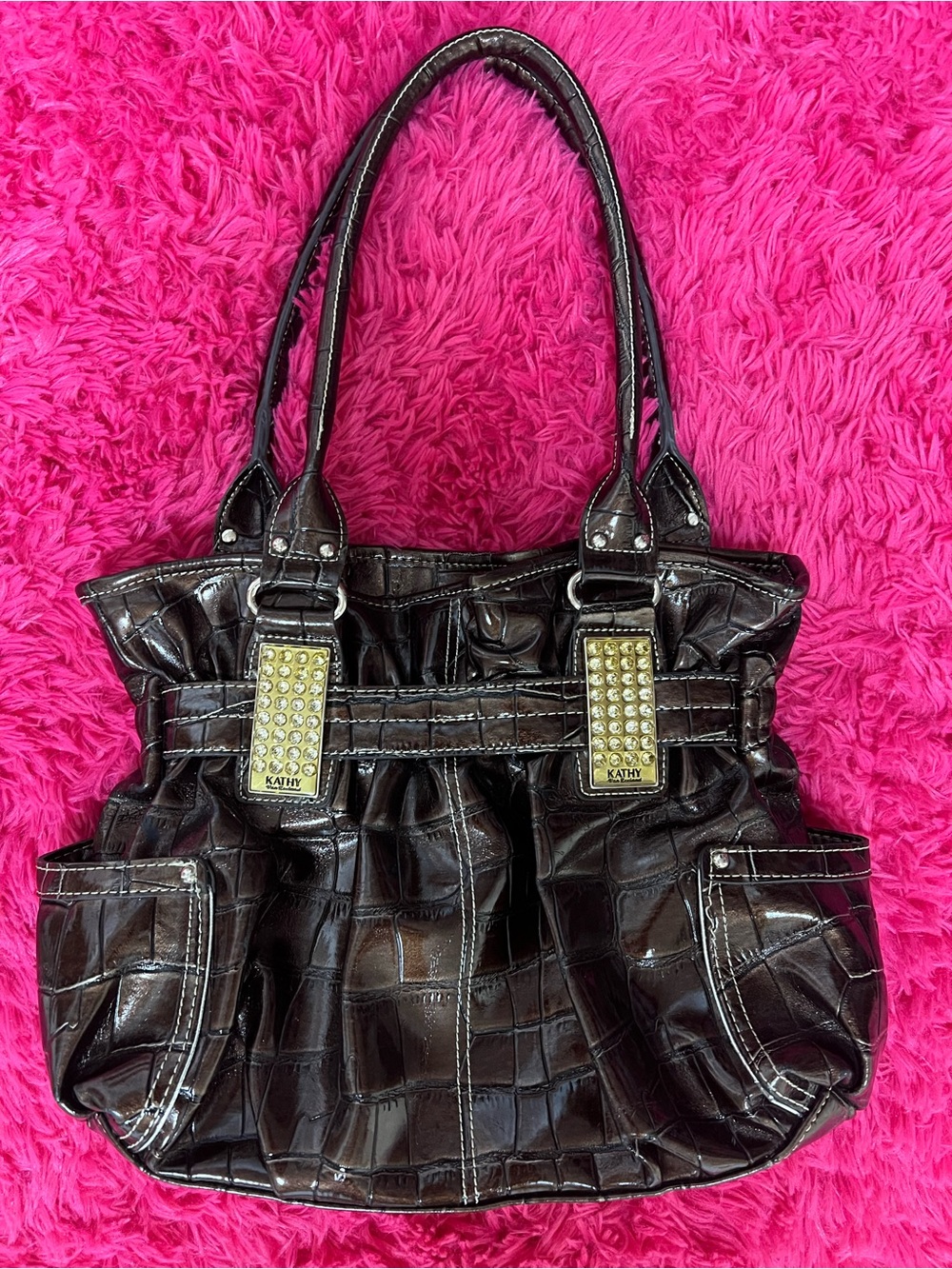 Brown Croc-Embossed Tote Bag with Stud Accents